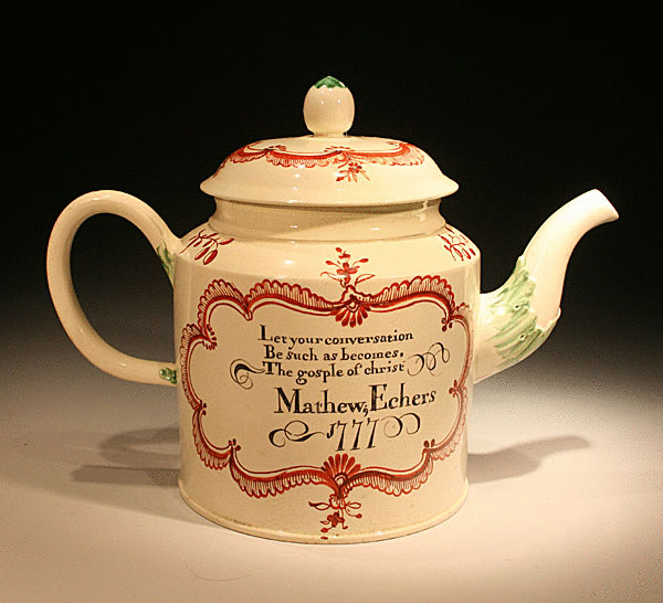 ANTIQUE 18TH CENTURY CREAMWARE POTTERY TEAPOT WITH CHRIST ASCENDING