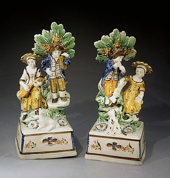 PAIR OF ANTIQUE POTTERY PRATTWARE BOCAGE FIGURES ENGLISH C1790