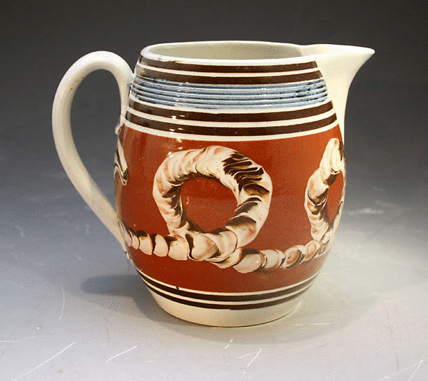 ANTIQUE ENGLISH POTTERY MOCHAWARE PITCHER CIRCA 1820