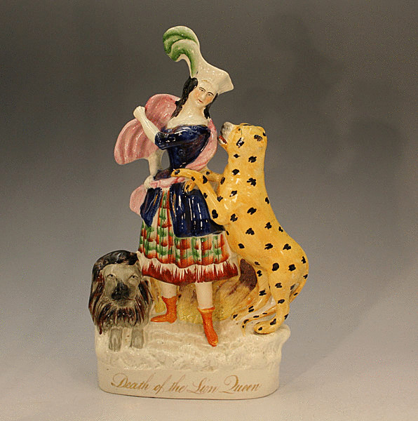 Antique figure titled Death of the Lion Queen Staffordshire pottery