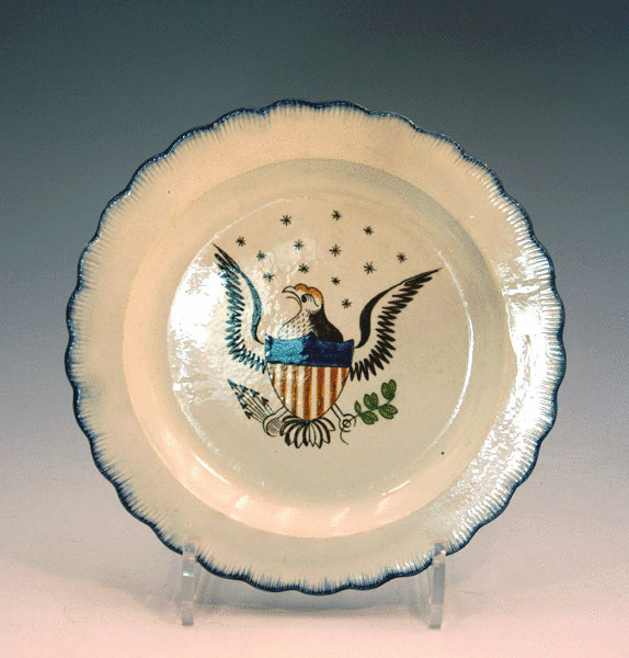 ANTIQUE PEARLWARE BLUE EDGED PLATE WITH USA FLAG SYMBOLS
