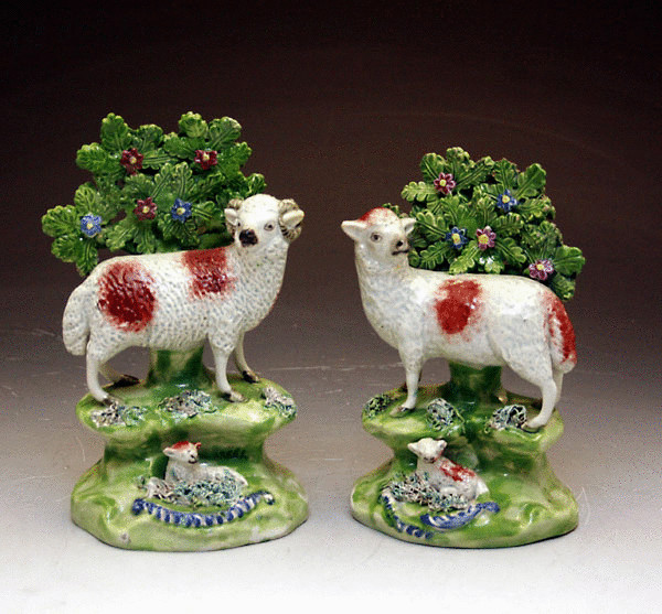 ANTIQUE STAFFORDSHIRE POTTERY FIGURES FROM THE WALTON POTTERY OF EWE AND RAM C1820