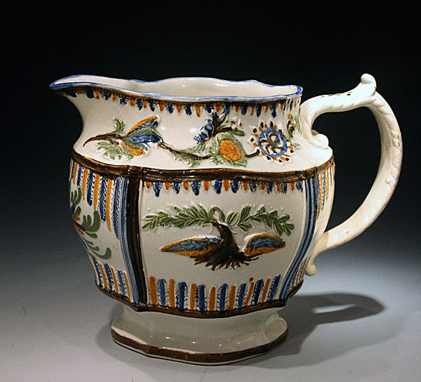 ANTIQUE POTTERY ENGLISH PRATTWARE RELIEF MOULDED PITCHER  USA EAGLE MOTIF