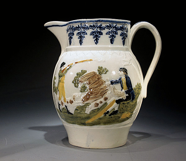 ANTIQUE POTTERY PRATTWARE RELIEF MOULDED PITCHER RURAL SPORTS