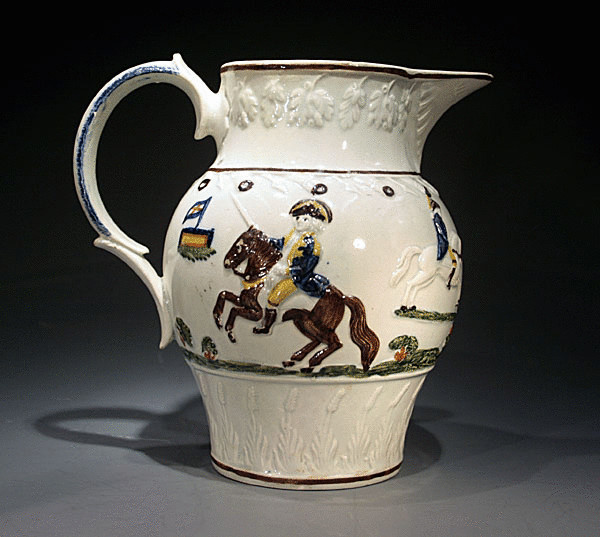 ANTIQUE POTTERY PRATTWARE RELIEF MOULDED PITCHER  MILITARY ACTION