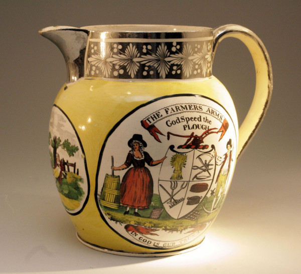 ANTIQUE POTTERY CANARY YELLOW PITCHER WITH SILVER RESIST LUSTER