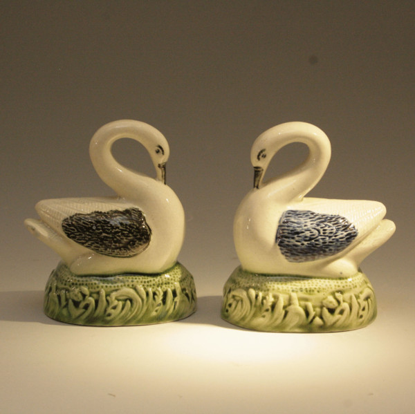 Pair of  English antique pottery Prattware figures of Swans