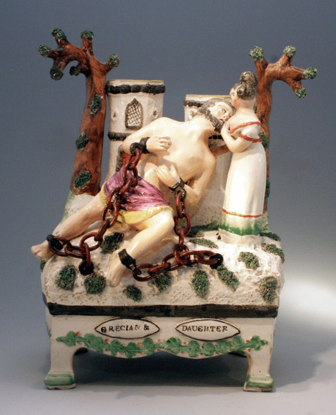 Antique Staffordshire pottery figure of the Grecian Daughter. English ceramic.