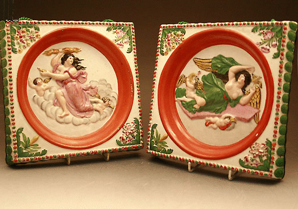 Pair  antique pearlware relief moulded plaques Staffordshire pottery