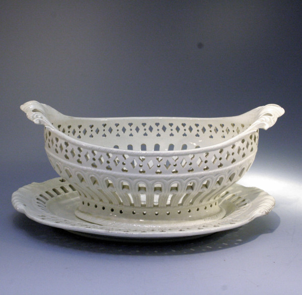 Antique English pottery plain undecorated creamware basket and stand c1780