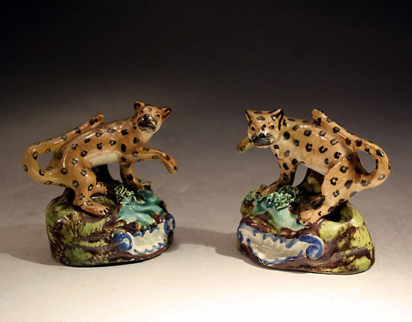 PAIR STAFFORDSHIRE POTTERY LEOPARDS