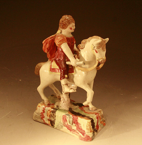 STAFFORDSHIRE POTTERY PEARWARE EQUESTRIAN FIGURE