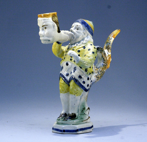 Prattware pottery figural pipe in the form of a jester