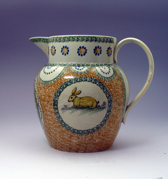 SPONGE DECORATED PITCHER IN PRATT COLORS WITH RABBIT