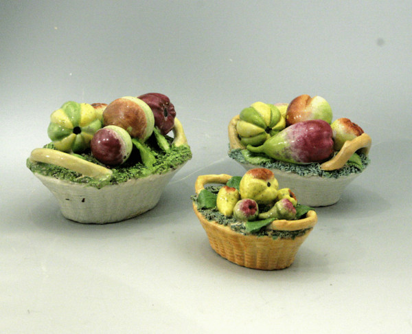 Three ceramic baskets of fruit  early Victorian Staffordshire