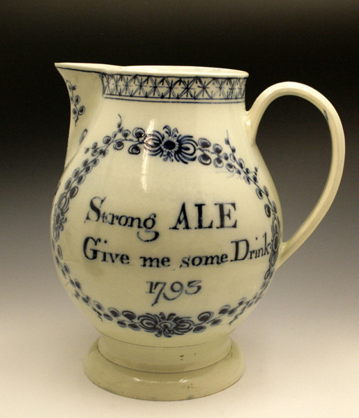 Large underglaze blue painted earthenware pitcher dated 1793