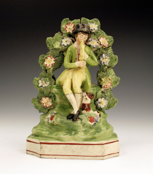 STAFFORDSHIRE FIGURE PEARLWARE POTTERY MUSICIAN WITH DOG