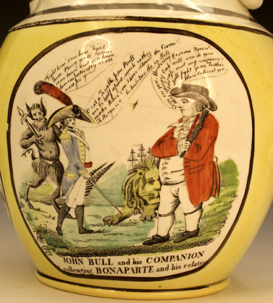 Cartoon jug with canary yellow and silver luster Wellington and Napoleon.