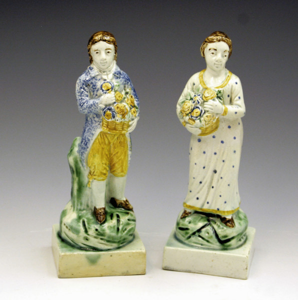 PAIR OF PRATTWARE FIGURES OF FLOWER VENDORS