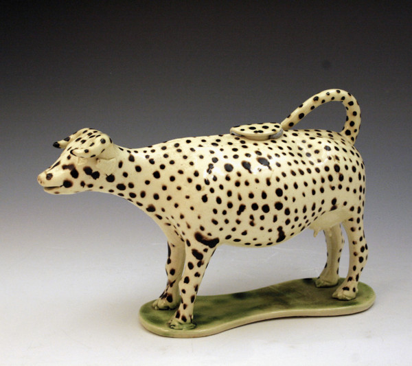 EARLY POTTERY COW CREAMER WITH SPOTS C1790/1800