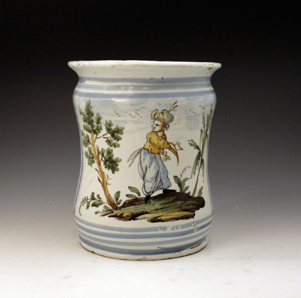 Italian Albarro Maiolica Jar with polychrome decoration circa 1700