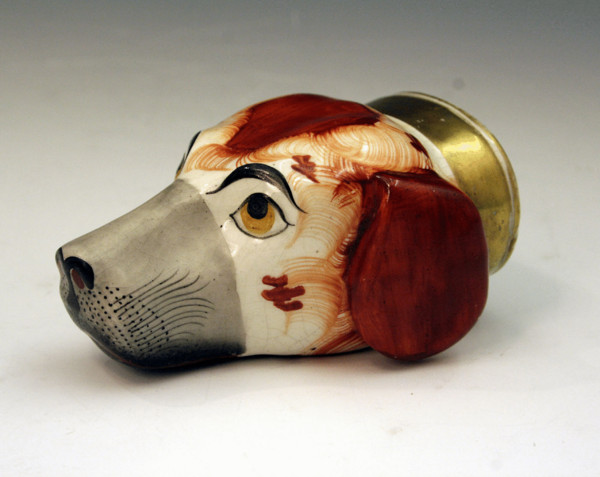 ANTIQUE STAFFORDSHIRE POTTERY SPANIEL HEAD STIRRUP CUP