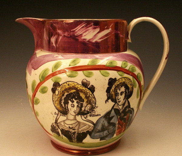 Pink Lustre pitcher from Sunderland Pottery with image of  Susan and William