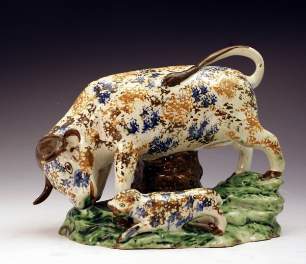 ANTIQUE PRATTWARE BULL BAITING FIGURE CIRCA 1790