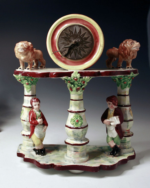 STAFFORDSHIRE POTTERY WATCH HOLDER WITH MASONIC FIGURES