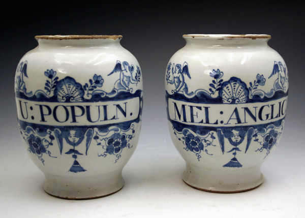 Pair of Lambeth Pottery London Delft drug Jars c1720