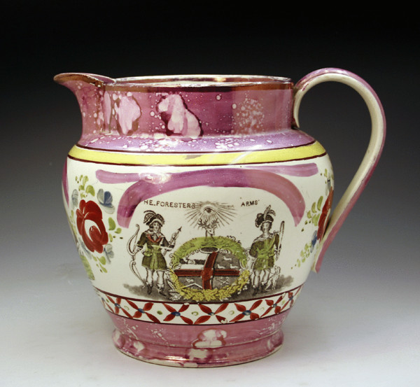 Pink luster pitcher with masonic/sea-faring motifs c1835