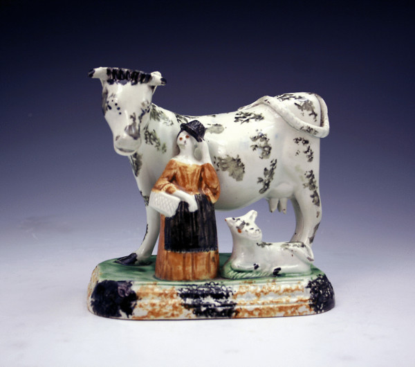 ANTIQUE YORKSHIRE POTTERY FIGURE OF COW WITH MAID C1800