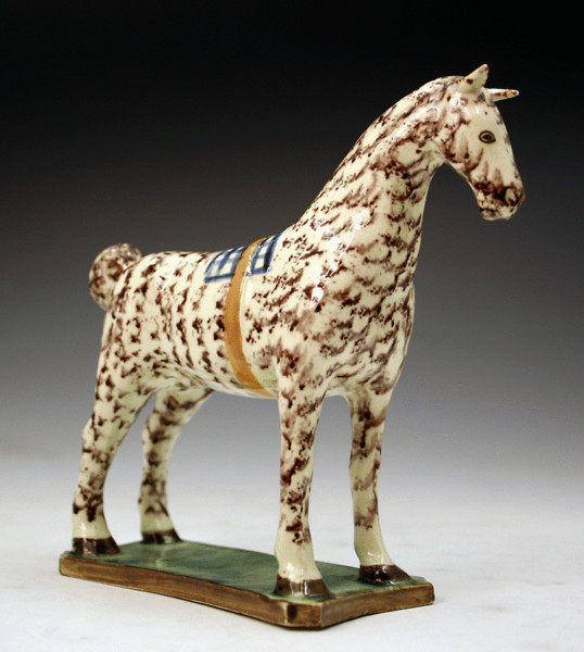ANTIQUE ENGLISH POTTERY  HORSE  FIGURE ON BASE, NORTH COUNTRY C1800
