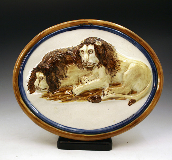 ANTIQUE ENGLISH POTTERY PRATTWARE PLAQUE WITH  FIGURESLIONS 