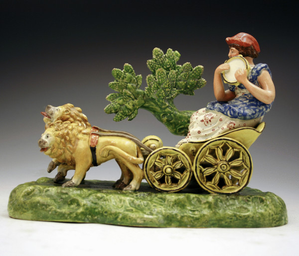 Antique English Staffordshire pottery figure of  Cybele in her chariot drawn by lions
