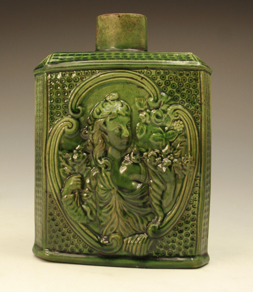 EARLY STAFFORDSHIRE POTTERY GREEN GLAZE TEA CADDY 18THc.