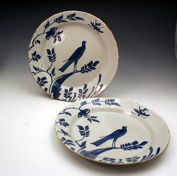 Pair English delftware plates with naive images of birds 18thc.Bristol Pottery