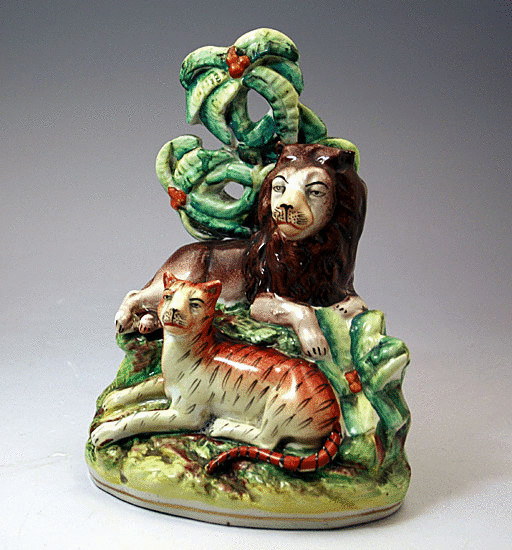 ANTIQUE STAFFORDSHIRE POTTERY FIGURE OF A  LION AND TIGER GROUP C1855