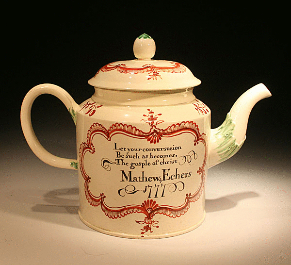 ANTIQUE 18TH CENTURY CREAMWARE POTTERY TEAPOT WITH CHRIST ASCENDING