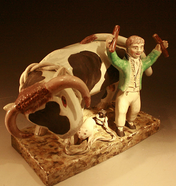 ANTIQUE STAFFORDSHIRE POTTERY FIGURE OF A BULL BAITING GROUP