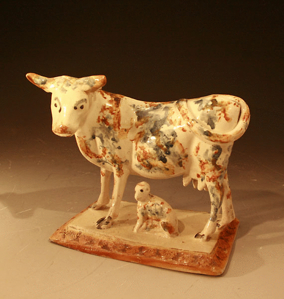 ANTIQUE PRATTWARE POTTERY FIGURE OF A COW AND CALF C1790