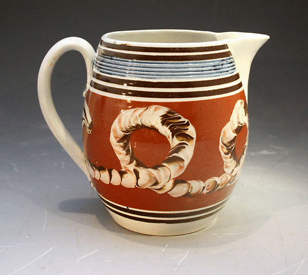 ANTIQUE ENGLISH POTTERY MOCHAWARE PITCHER CIRCA 1820