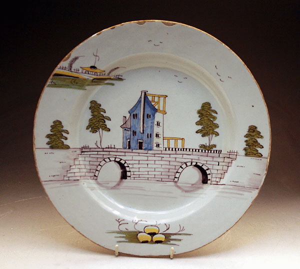 ANTIQUE 18TH CENTURY ENGLISH DELFTWARE POTTERY DISH POLYCHROME DECORATED