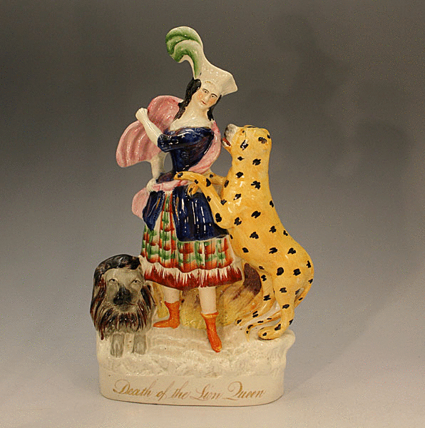 Antique figure titled Death of the Lion Queen Staffordshire pottery