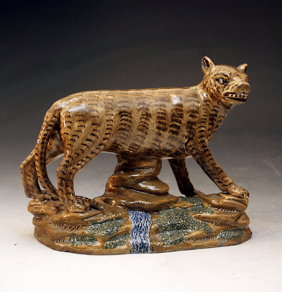 ANTIQUE POTTERY PRATTWARE FIGURE OF A STANDING TIGER