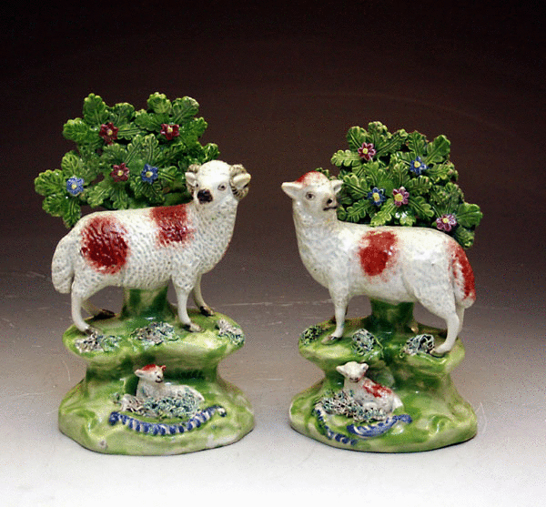 ANTIQUE STAFFORDSHIRE POTTERY FIGURES FROM THE WALTON POTTERY OF EWE AND RAM C1820