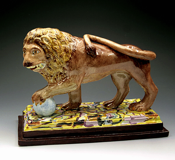 ANTIQUE STAFFORDSHIRE POTTERY PEARLWARE FIGURE OF A LION  c1820      WITH SPECTACULAR BASE