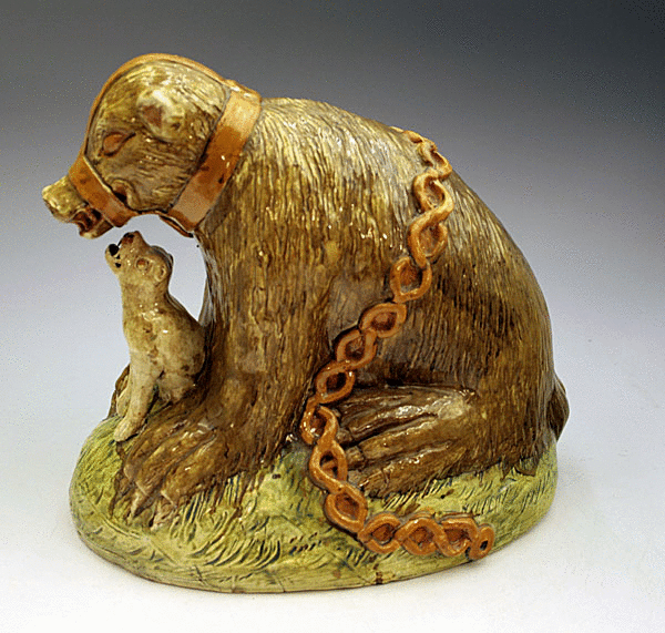 MASSIVE AND RARE ANTIQUE POTTERY PRATTWARE FIGURE BEAR BAITING