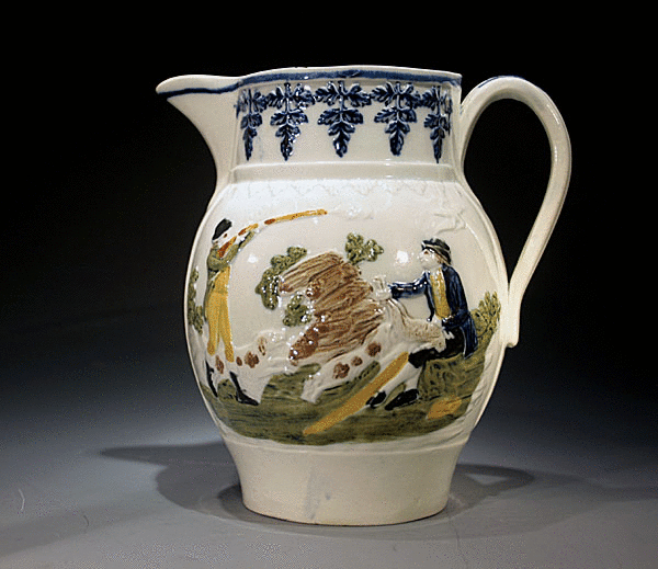 ANTIQUE POTTERY PRATTWARE RELIEF MOULDED PITCHER RURAL SPORTS