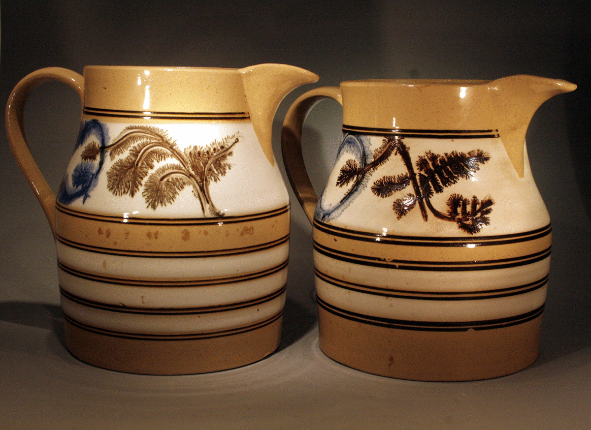 ANTIQUE PAIR OF ENGLISH POTTERY YELLOW WARE MOCHA PITCHERS CIRCA 1850